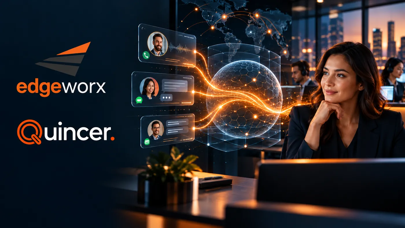 Edgeworx and Quincer logos beside an illustration of AI digital employees handling phone and chat conversations for a customer service team