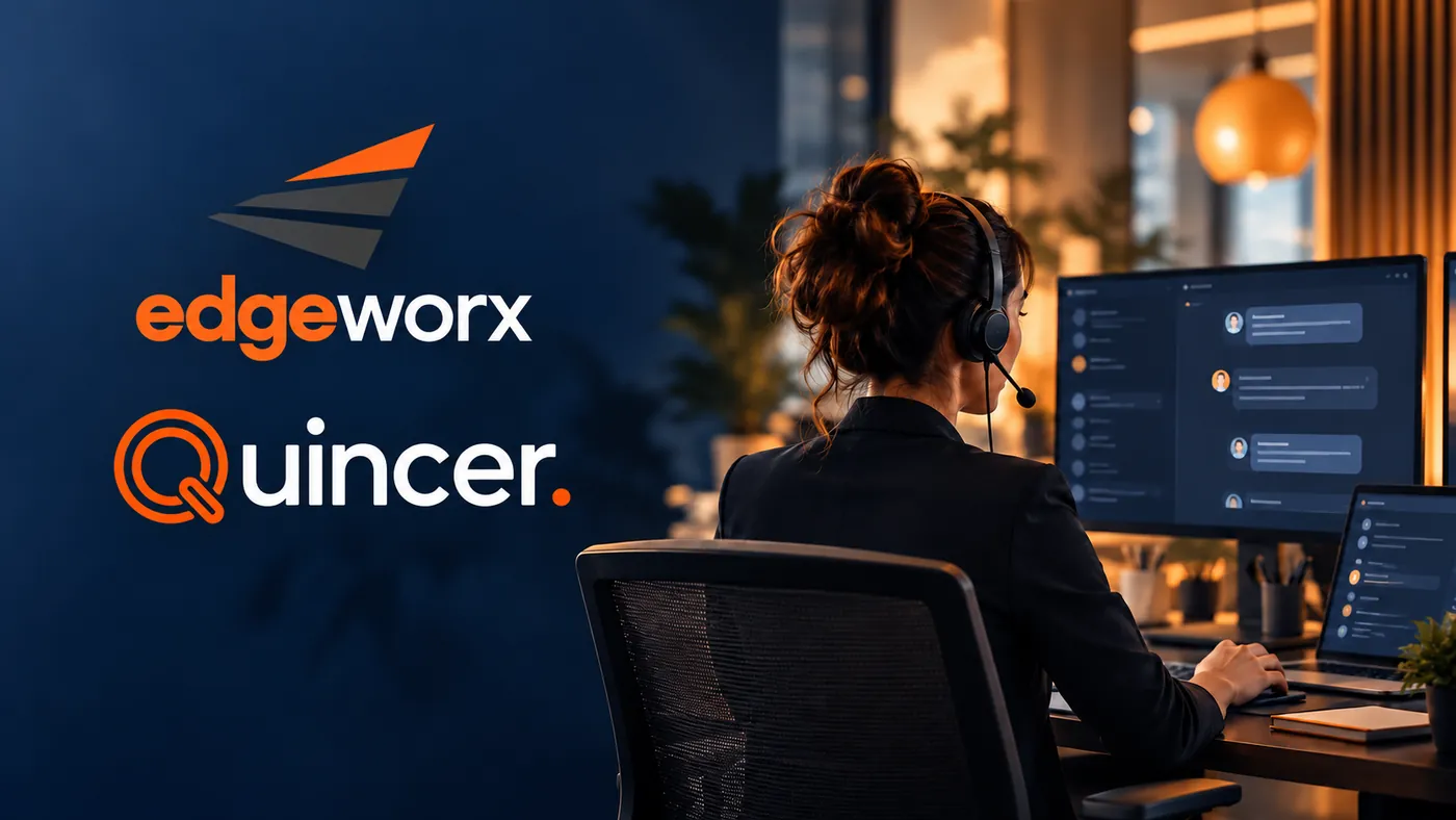 Edgeworx and Quincer logos beside a customer service professional wearing a headset at a desk, with chat conversations on the screens